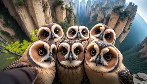 Premium Photo | A group of owls are photographed in a natural landscape.