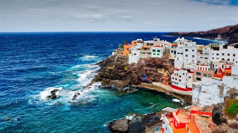 Wallpaper Spain, Canary Islands, ocean, rocks, cliffs, coast, houses ...