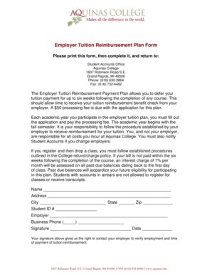 Fillable Online Aquinas Employer Tuition Reimbursement Plan Form