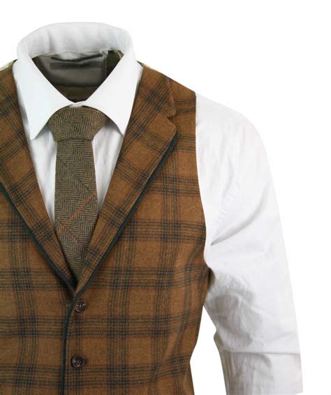 Mens Waistcoat Wool Tan Brown Check Tweed Classic Vintage Tailored Fit