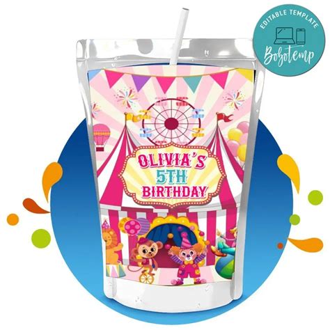 Pink Carnival Capri Sun Birthday Digital File Printable Createpartylabels