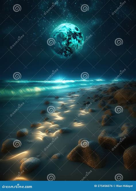 A Beach Covered In Lots Of Light Blue Rocks Under A Night Skythe Glowing Quicksand Flowing From