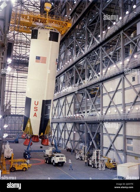 The First Stage Of A Saturn V Rocket Being Erected In The Vehicle