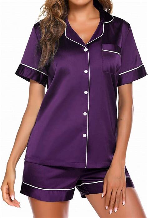 Ekouaer Satin Pajamas Womens Short Sleeve Sleepwear Soft Silk Button