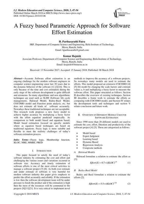 Pdf A Fuzzy Based Parametric Approach For Software Effort Estimation