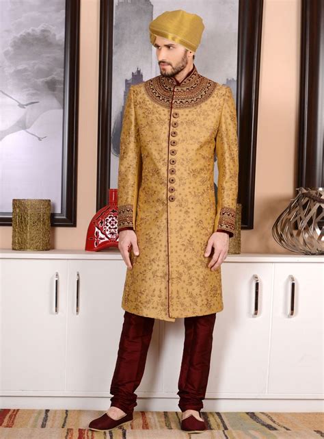 Beige Brocade Angrakha Style Sherwani Indian Groom Wear