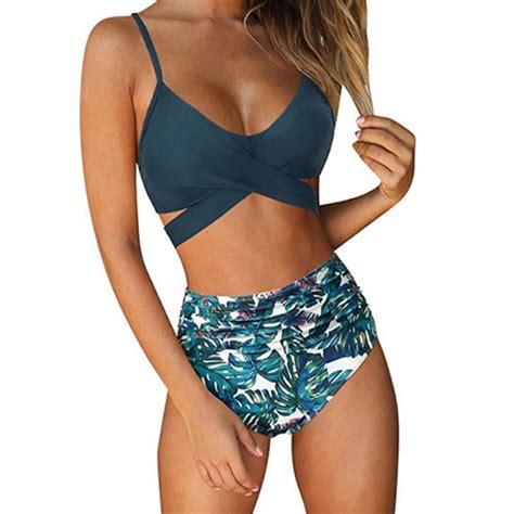Prettyui Women Wrap Bikini Set Push Up High Waisted Piece Swimsuits Criss Cross High Waisted