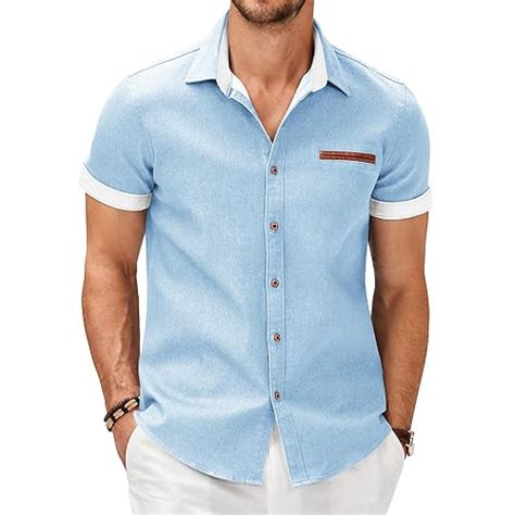 Snapklik Mens Short Sleeve Denim Shirt Botton Down Regular Fit