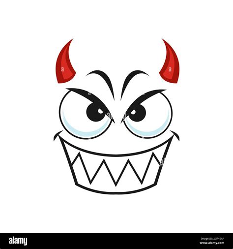 Cartoon Devil Face Smiling Vector Emoji Demon With Red Horns Gloat