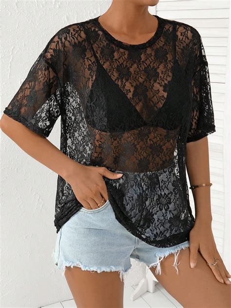 Shein Priv Drop Shoulder Sheer Lace Top Without Bra Shein Usa