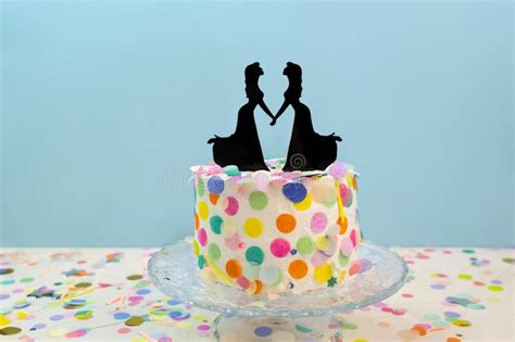 Two Brides Cake Toppers On Wedding Cake With Confetti Lesbian Wedding