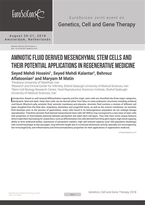 Pdf Amniotic Fluid Derived Mesenchymal Stem Cells And Their Potential