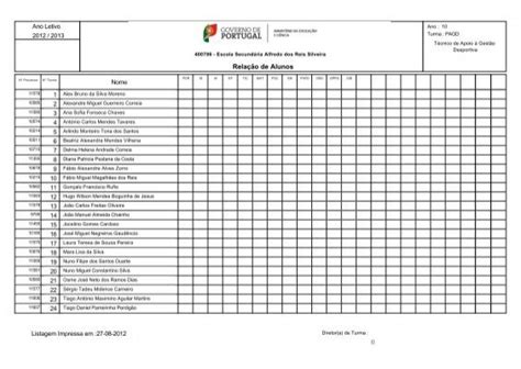 Rela O De Alunos Escola Secund Ria Alfredo Dos Reis Silveira