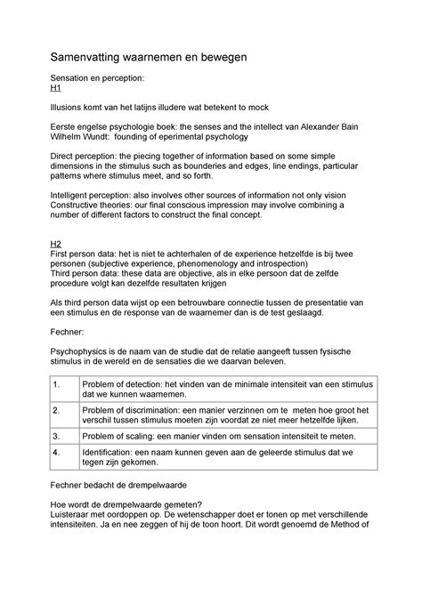 Samenvatting Alle Colleges Samenvatting Waarnemen En Bewegen