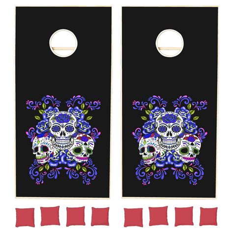 Triple Skull Blue Floral Sugar Skulls Cornhole Set Zazzle