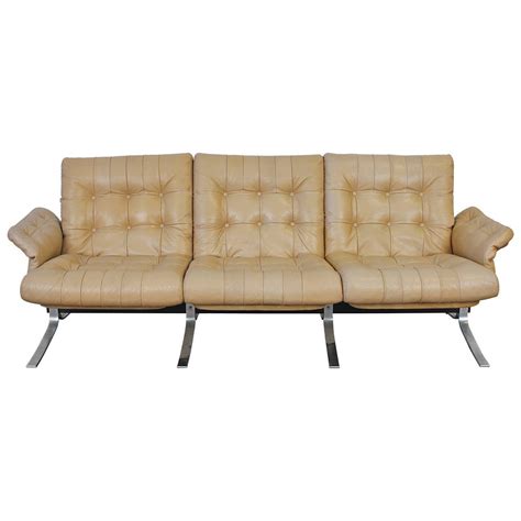 Three Seat Metal Sofa With Tufted Cr Me Leather By Ebbe Gehl And S Ren