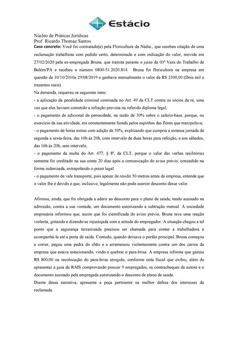 Caso Concreto Contesta O N Cleo De Pr Ticas Jur Dicas Prof