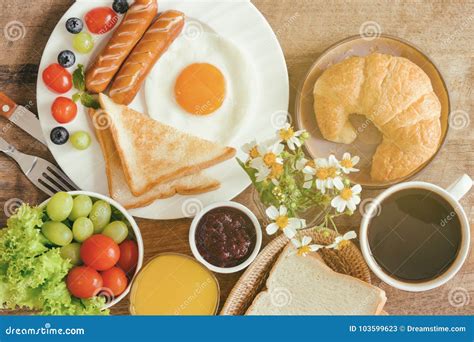 Homemade Breakfast With Sunny Side Up Fried Egg Toast Sausage Fr Stock