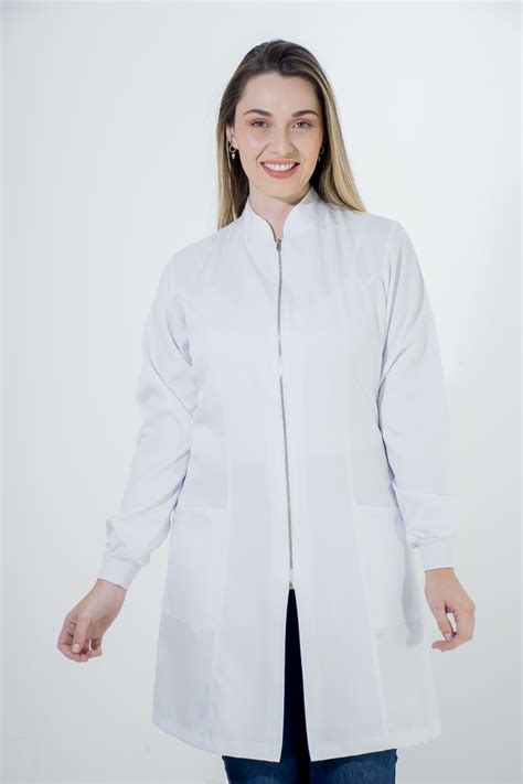 Jaleco Branco Feminino Manga Longa Gabardine Gola Padre Z Per Prata