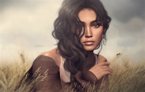 Wallpaper grass girl hair brunette for mobile and desktop section рендеринг resolution
