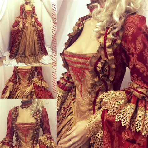 An Elaborately Designed Dress With Gold And Red Trimmings On The Bustle