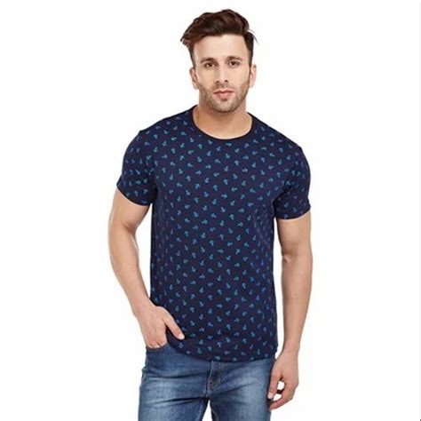 Printed Navy Blue Men Half Sleeves Cotton T Shirts Round Neck At Rs