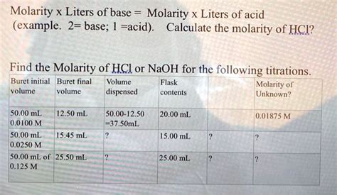 Solved Molarity X Liters Of Base Molarity X Liters Of Acid Example 2 Base Acid Calculate