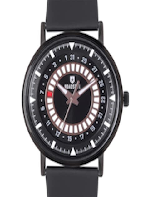 Buy Roadster Men Black Brass Embellished Dial Black Leather Straps