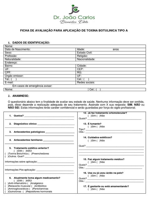 Ficha De Avaliação Para Aplicação De Toxina Botulínica Pdf Pdf