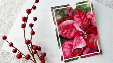 Christmas Card Idea With A Red Poinsettia Watercolor Painting Process