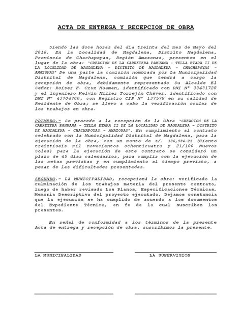 Acta De Entrega Y Recepcion De Obra Gobierno Política Prueba