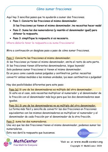 C Mo A Adir Fracciones Hojas De Aprendizaje Math Center