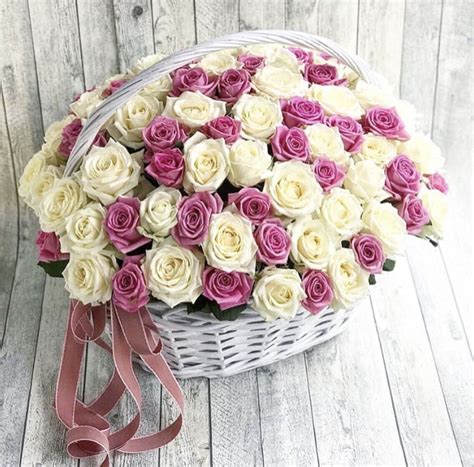 Pink And White Rose Basket By Luxury Floral