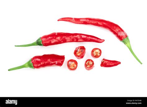 Sliced Red Hot Chili Pepper Isolated On White Background Top View Flat Lay Pattern Stock Photo