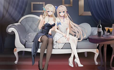 2girls Anthropomorphism Blonde Hair Blue Eyes Braids Breasts Choker