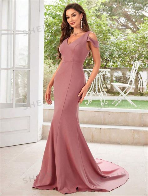 Shein Lune Off Shoulder V Neck Big Swing Floor Length Mermaid Hem