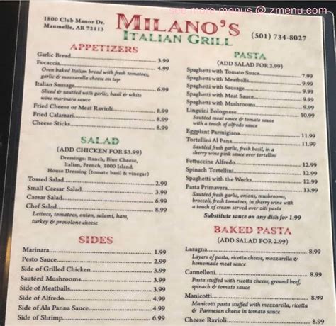 Menu At Milanos Italian Grill Restaurant Maumelle