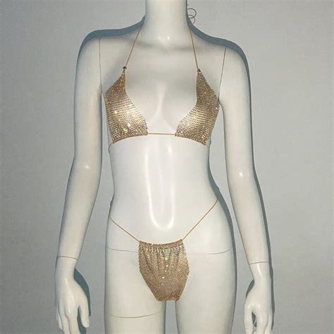 Fishnet Glitter Rhinestone Bikini Set Women Mesh Beach Sexy Thong Rave Party EBay