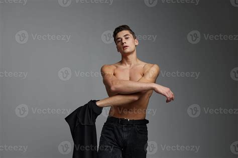 Handsome Male Nude Black Shirt Isolated Background Posing