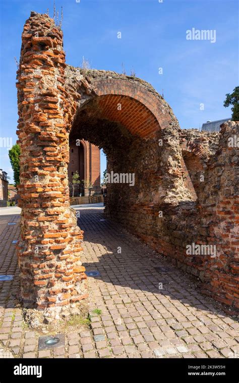 Colchester Roman wall ruins of a four arch roman gate the Balkerne Gate ...