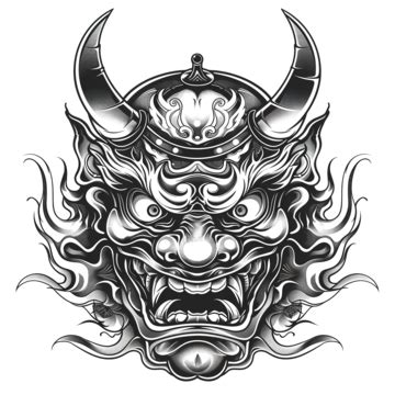 Oni Mask Tattoo Style In Black And White, Demonic, Decoration, Creature ...