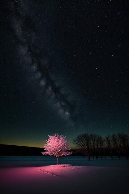 Un árbol en medio de un lago helado con la vía láctea al fondo Foto