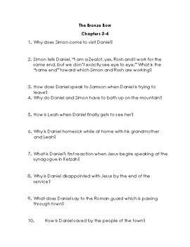 The Bronze Bow By Elizabeth George Speare Comprehension Quiz Set