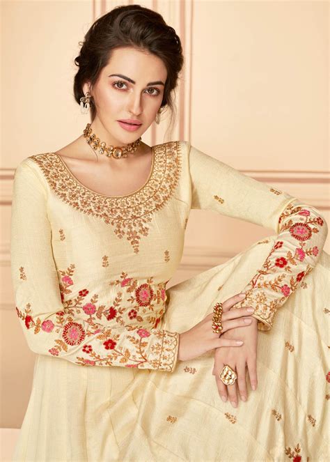 Festive Reception Beige And Brown Color Silk Fabric Salwar Kameez