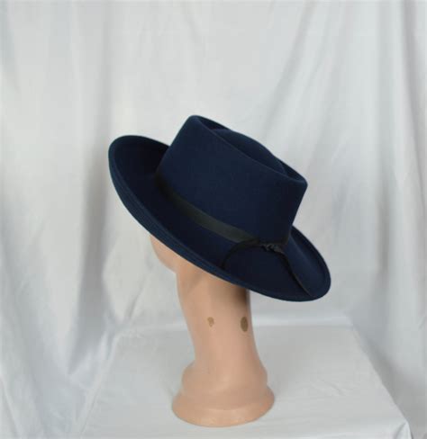 Navy Blue Large Brim Wool Felt Hat Navy Blue Felt Side Rolled Etsy