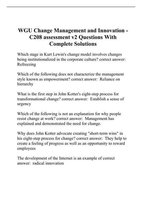 WGU Change Management And Innovation C208 Assessment V2 Questions