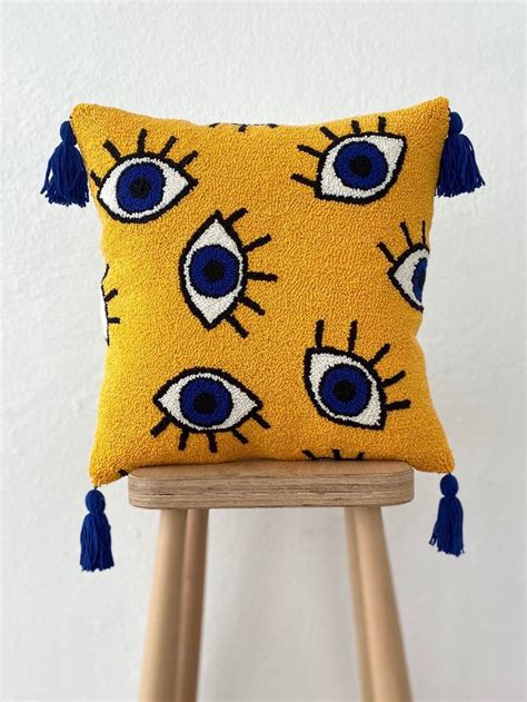 Galia Tasarim Yellow Navy Blue Evil Eye Punch Needle Tufted