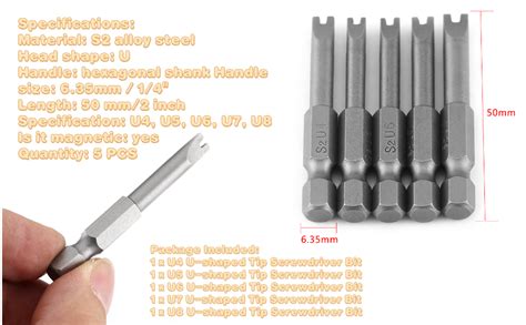 Hilitand 5pcs 50mm Long U Shaped Screwdriver Bits U Shaped Bits S2