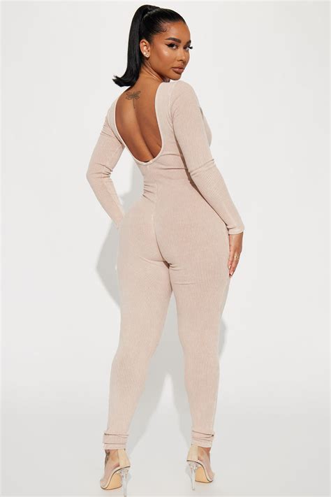 Audrina Mineral Wash Rib Jumpsuit Sand Fashion Nova Jumpsuits