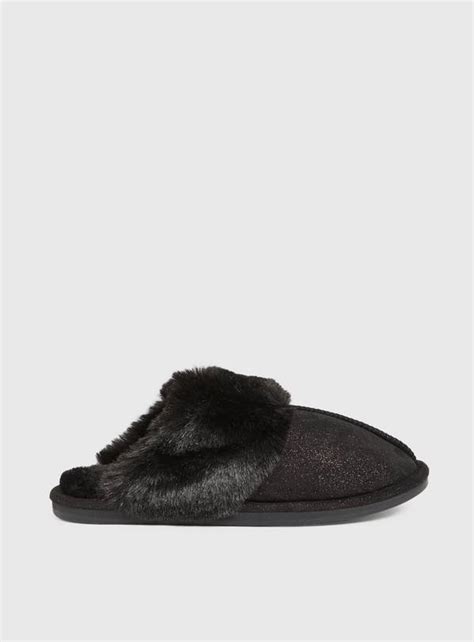 Buy Black Sparkle Faux Fur Slippers S Slippers Argos